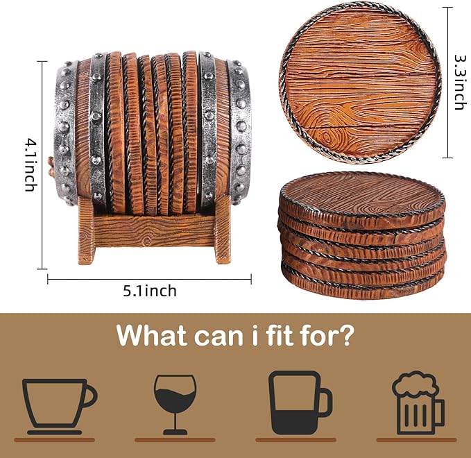 Whiskey Barrel Coasters Set 6 Full Size Non-Slip Cabin Decor Bar Coasters, Indoor Christmas Decorations, Man Cave Gifts for Men and Whiskey Lovers, Rustic Handmade Cup Coaster for The Home