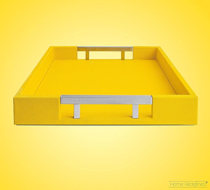Modern Elegant 17.5"x12" Rectangle Yellow Shagreen Faux Leather Decorative Tray Ottoman Coffee Table Perfume Dresser Kitchen Serving Tray with Silver Metal Handles by Home Redefined for All Occasion's
