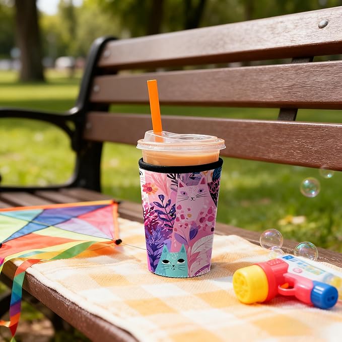 Colorful Cat Floral Iced Coffee Sleeve Set of 3 Fits 16oz 24oz 30oz Cups Cute Cat Lover Insulated Coffee Sleeve for Women & Gifts
