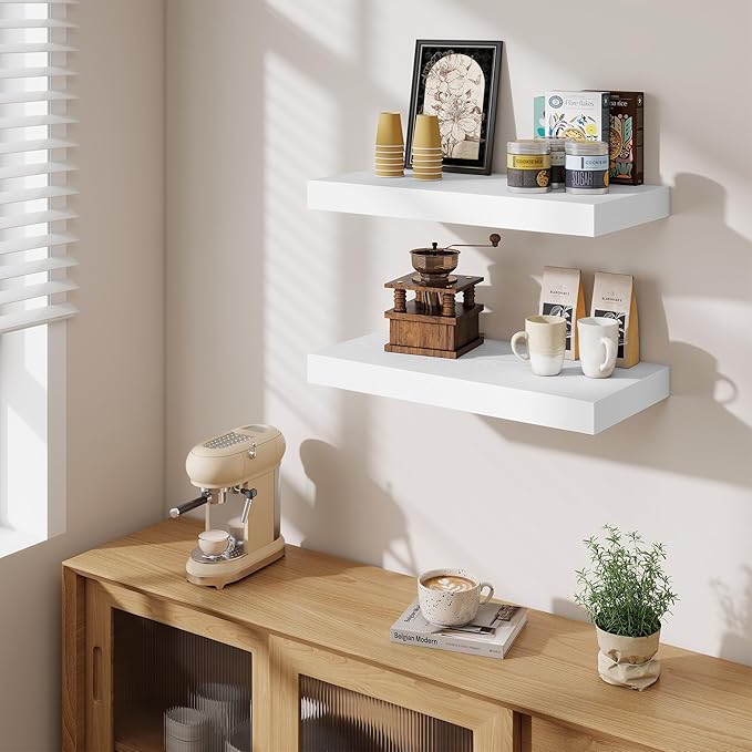 Fun Memories 24 Inch Floating Shelves Wall-Mounted, 12 Inch Deep Wall Shelves, 24 x 12 Floating Shelf, Deep Storage Shelf for Living Room Bathroom Bedroom, White, Set of 2