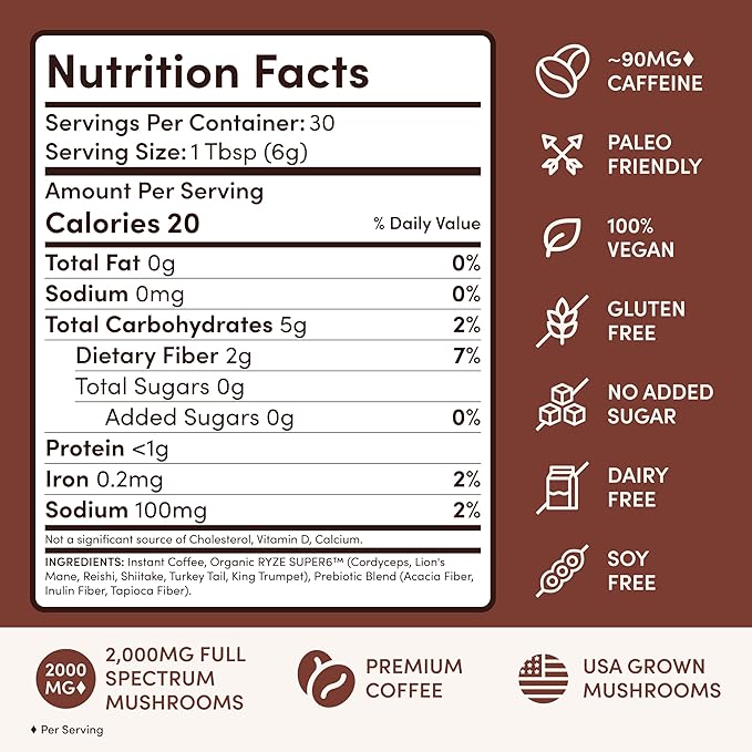 RYZE SUPERFOODS Mushroom Coffee Dark Roast, 6 Adaptogenic Mushrooms & Prebiotic Blend, Instant Coffee Supports Energy, Focus, Digestion & Immunity, Lions Mane & Turkey Tail, 30 Servings.