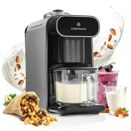 ChefWave Milkmade Soy Milk Maker (Silver/Black) 6-in-1 Vegan Plant-Based Milk Machine with Auto Clean, and Delay Start, Almond, Oat, Soy, Cashew, Coconut, Macadamia Milk Maker with Nut Platter