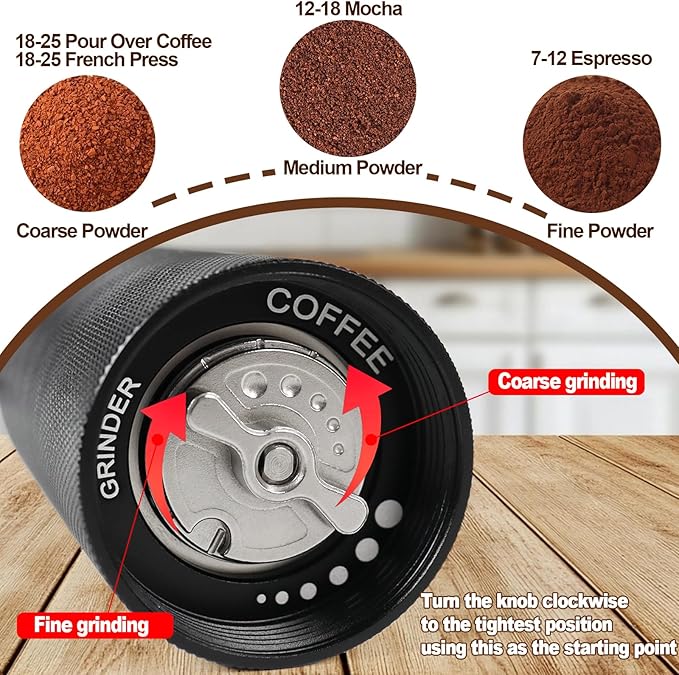 Manual Coffee Grinder Non-Detachable Stainless Steel Conical Burr Aluminum Coffee Bean Grinder with 25 Grinding Settings Cleaning Brush Grindable Espresso Moka Pot French Press for Camping Black