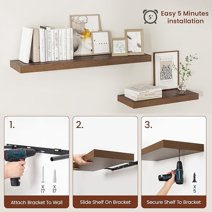 Vivelove Wide Floating Shelves for Wall 12 Inch Deep, 55" X 12" X 2" Floating Shelf, 2 Inch Thick Shelf for Living Room Bathroom Bedroom Kitchen Book Room, Rustic Farmhouse Decor Set of 2, Walnut