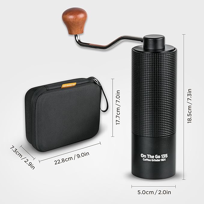 On The Go 135 Manual Coffee Grinder - Stainless Steel Conical Burr with Adjustable Setting, Double Bearing - Max Capacity 0.88oz, Hand Grinder for Home, Travel and Camping, and Gift