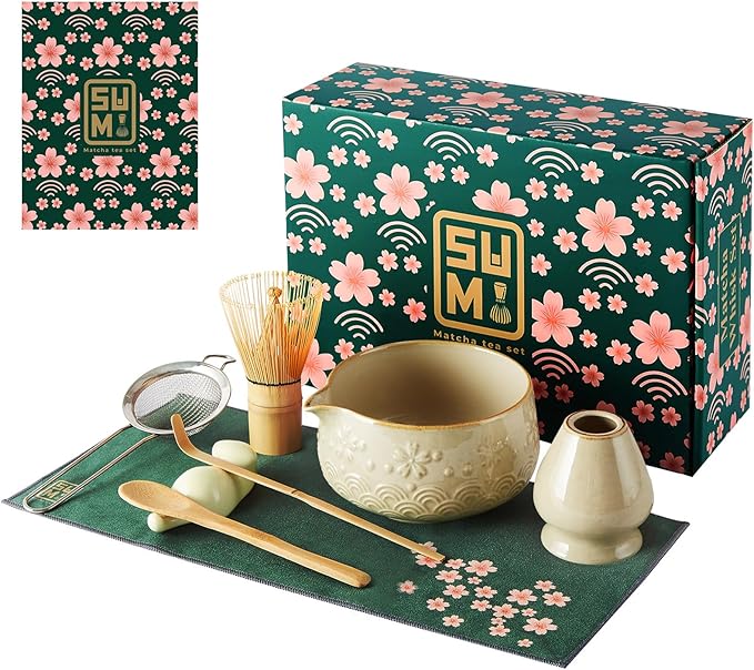 Matcha Whisk Set 9pcs – Matcha Tea Set with Ceramic Matcha Bowl, Bamboo Whisk (Chasen), Scoop, Sifter | Matcha Kit for Japanese Tea Ceremony & Beginners(Mottled)