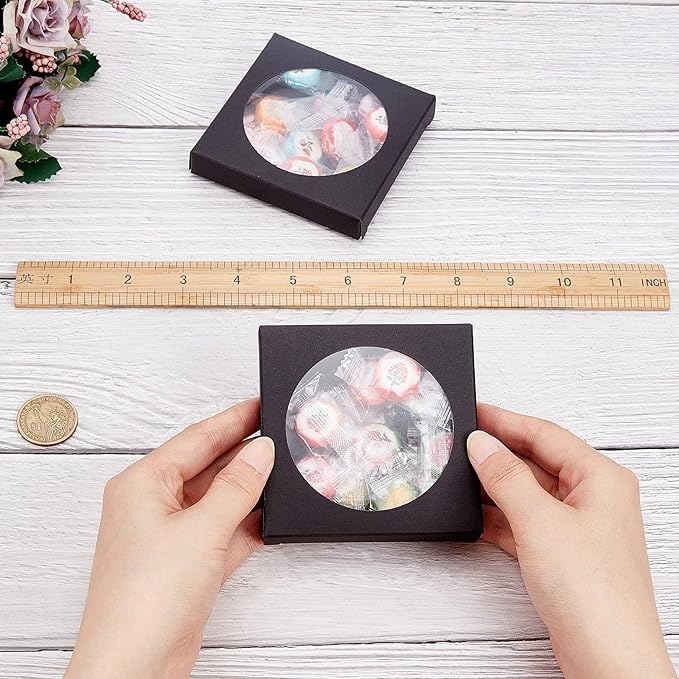BENECREAT 24 Pack Black Kraft Paper Boxes with Clear Window 3.5x3.5x0.6" Paper Gift Packaging Boxes for Wedding Party Candy Cookies Favor Treat