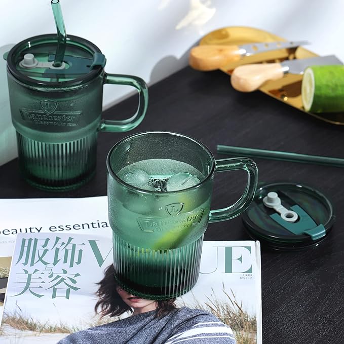 Joeyan Glass Coffee Cup Tumbler with Handle Lid and Straw, Smoothie Iced Coffee Tea Glasses Mug, Green Colored Drinking Jar for Water Juice Beverages Soda Milk, 15oz, Set of 2, Dishwasher Safe