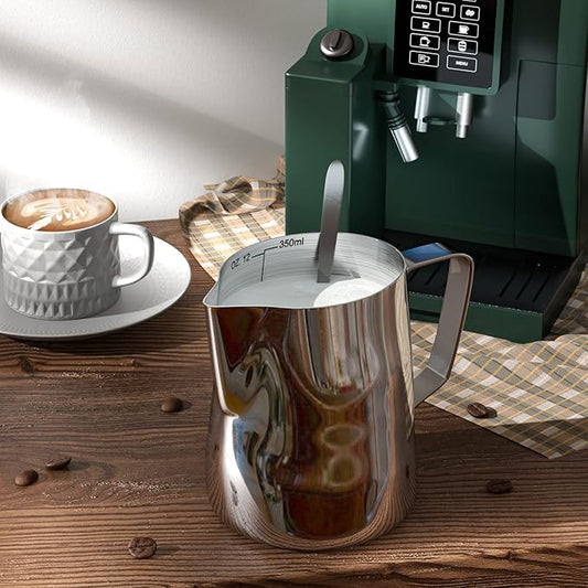 Milk Frothing Pitcher Cup, 12oz/350ML Milk Frother Cup Stainless Steel Steaming Pitcher Milk Jug Coffee Latte Art Cappuccino Espresso Machine Accessories Barista Steam Pitchers Attached Dessert Spoons