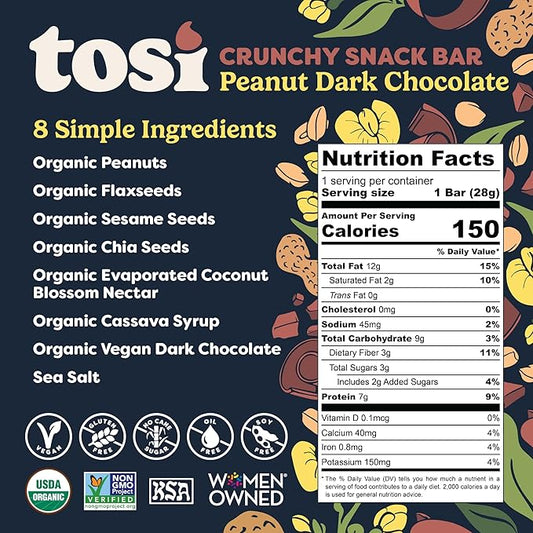 Tosi Nut Bars, Peanut Dark Chocolate, Healthy Snacks for Adults & Kids, Plant Based Crunchy Bars (7G Protein), Organic Keto Snacks, Vegan, Gluten & Soy Free, Low Sugar, Omega 3s, 1oz, 12-Pack
