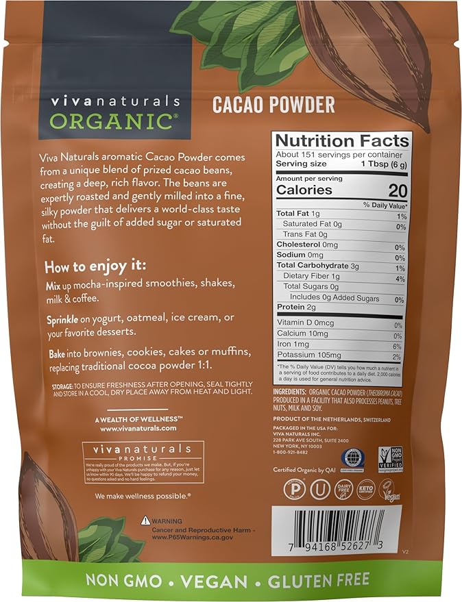 Organic Cacao Powder, Unsweetened, 2 lb (907 g) – Rich Dark Chocolate Flavor, Perfect for Baking, Smoothies & Hot Chocolate – Vegan, Keto, Paleo, Non-GMO & Gluten-Free Cocoa Powder