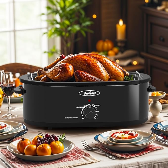 Sunvivi Electric Roaster,20 Quart Roasting Oven with Self-Basting Lid Removable Pan,Turkey Roaster Oven with 150 to 450F Temperature Control Cool-Touch Handles,Black