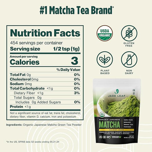 Jade Leaf Matcha Organic Premium Ceremonial Grade Matcha Green Tea Powder - Japanese - Culinary, Ingredient, Ceremonial Barista Teahouse, Latte, Collagen, 16 Ounce (Pack of 1), Culinary