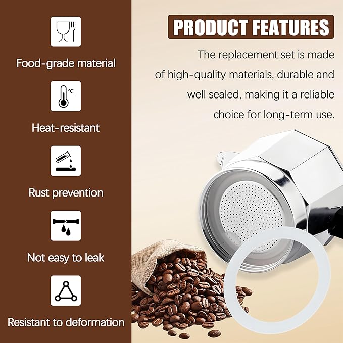 Espresso Maker Filter Basket,moka pot 6 cup Replacement Funnel,moka pot filter For Mocha Coffee Maker Pot with 1pcs Filter and 1pcs Silicone Gasket Seals