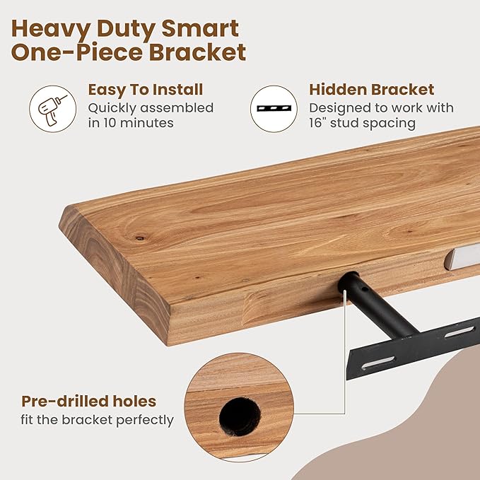 Floating Shelves for Wall Decor, Rustic Solid Elm Wood Live Edge Floating Shelves Wall Mounted, Wall Shelves with Invisible Bracket for Living Room Bathroom Bedroom Kitchen, 30 Inch Set of 2, Natural