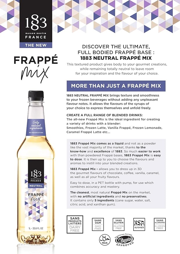 1883 Frappe Mix Syrup for Coffee and Drinks, Made in France, 1 Liter Plastic Bottle