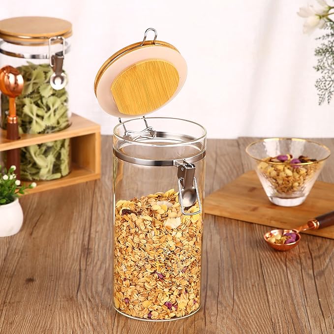 Glass Coffee Storage Container with Bamboo Shelf, 2PCS 49oz Airtight Sealed Coffee Bean Jar with Clamp Lid & Measuring Spoon, Kitchen Pantry Canister Set for Ground Coffee Sugar Tea Flour