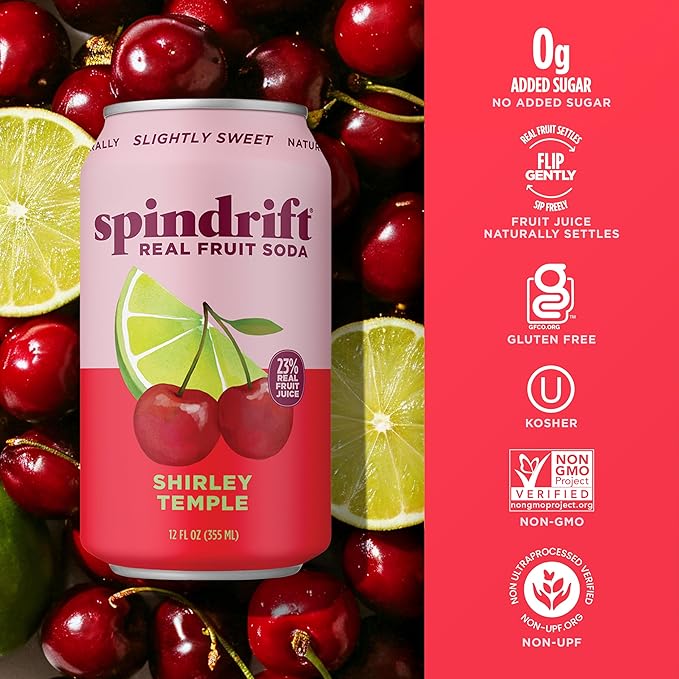 Spindrift "Shirley Temple" Cherry Citrus Soda Made with Real Squeezed Fruit 12 Pack Case