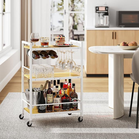 TUTOTAK Bar Cart, Serving Cart for Home, Microwave Cart, Drink Cart, Mobile Kitchen Shelf with Wine Rack and Glass Holder, Rolling Beverage Cart BC01BOW030