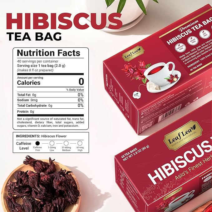 LeafLea 120 Hibiscus Tea Bags, 100% Pure Natural Hibiscus Flowers Herbal Tea, Natural Red Hibiscus Flower Tea, Te de Hibisco, Caffeine-Free, No Sugar, Vegan, Non-GMO, Rich in Flavor & Color, Pack of 3