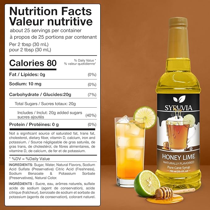 Syruvia Honey Lime Flavored Syrup for Drinks, Cocktails, Mocktails, Iced Teas and Desserts – 25.4 fl oz, With Pump