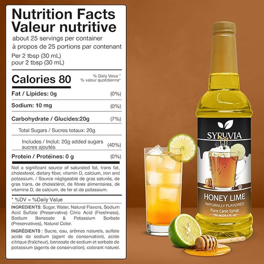 Syruvia Honey Lime Flavored Syrup for Drinks, Cocktails, Mocktails, Iced Teas and Desserts – 25.4 fl oz, With Pump