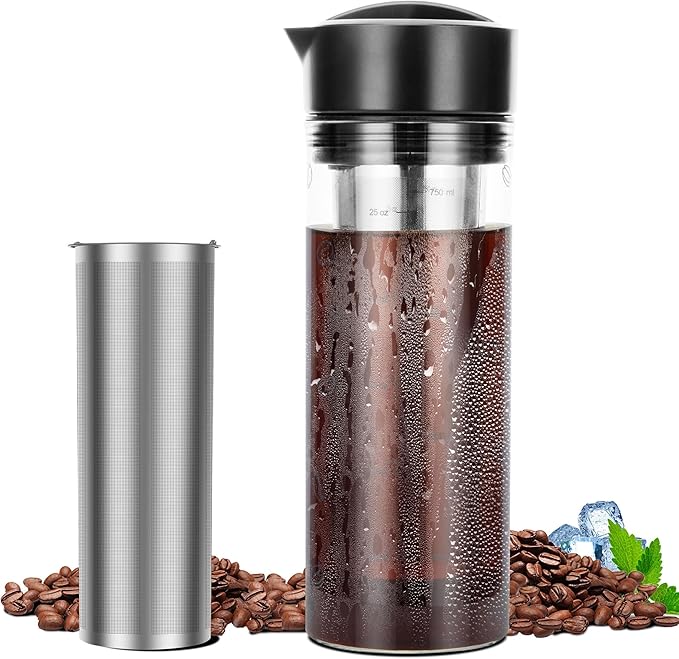 YMMIND 25oz Cold Brew Coffee Maker 4 Cup Capacity Tea Maker, Iced Coffee Pot, Cold Heat Resistant Borosilicate Glass Carafe, Stainless Steel Mesh Filter Basket and Black Freshness Lid