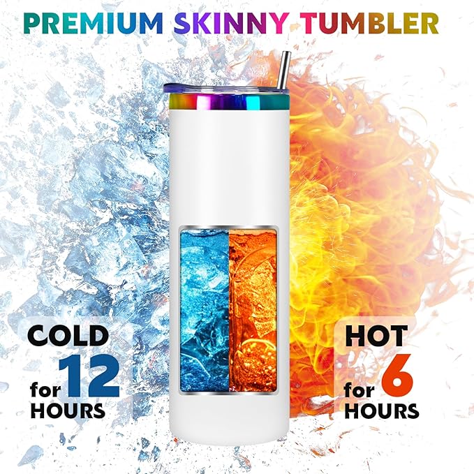 20oz Laser Engraving Straight Skinny Tumblers,Stainless Steel Skinny tumbler with Lid and Straw,Insulated Double Wall Vacuum and Powder Coated Coffee Mug for Hot and Cold Drinks (White)