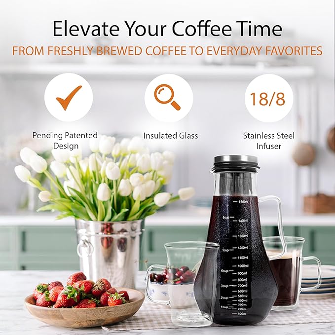 James Bentley Complete Cold Brew Coffee Set – Cold Brew Coffee Maker Glass for Hot and Cool Drinks, Fridge Friendly — Glass Carafe, Stainless Steel Infuser, Double Wall Cups x2, & Cleaning Brush