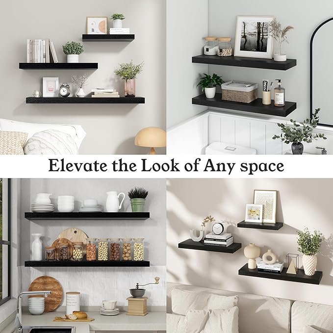 Floating Shelves for Wall, 9.3" Deep Wall Mounted Wood Shelves for Bathroom, Bedroom, Living Room, Kitchen, Hanging Shelf for Books/Storage/Room Decor (Black, 55")
