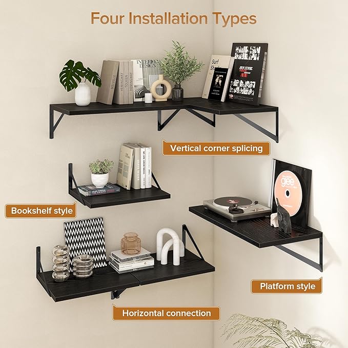 Deep Floating Shelves Wall Mounted, 30"x12" Black Wall Shelves with Brackets Set of 2 for Bedroom, Living Room, Bathroom, Kitchen, Office - Storage & Display Shelf for Decor, Books, Plants