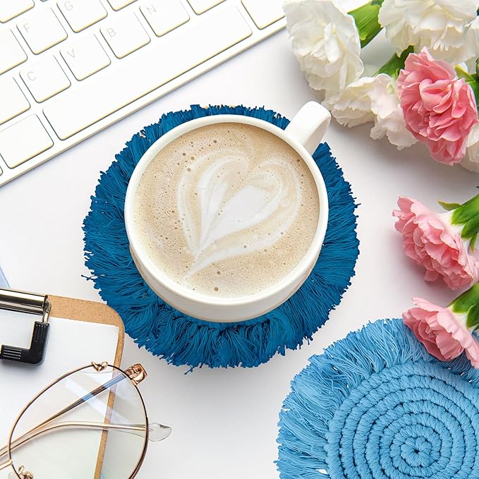 Whaline 4Pcs Boho Macrame Coasters Blue Handmade Woven Drink Coasters Farmhouse Rustic Cup Mat Pad for Home Kitchen Office Table Desk Housewarming Gift Party Table Decor