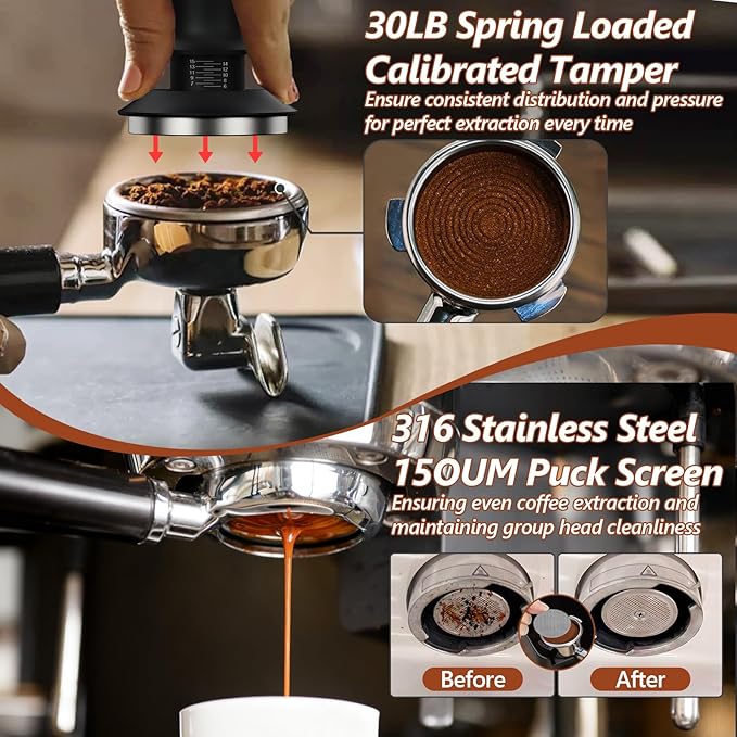 7 Pcs 58mm Espresso Accessories Kit, Spring Loaded Calibrated Tamper, WDT Tool, Coffee Measuring & Espresso Cup and Tamper Mat, Puck Screenr & Dosing Funnel, Fit 58mm Espresso Machine Accessories