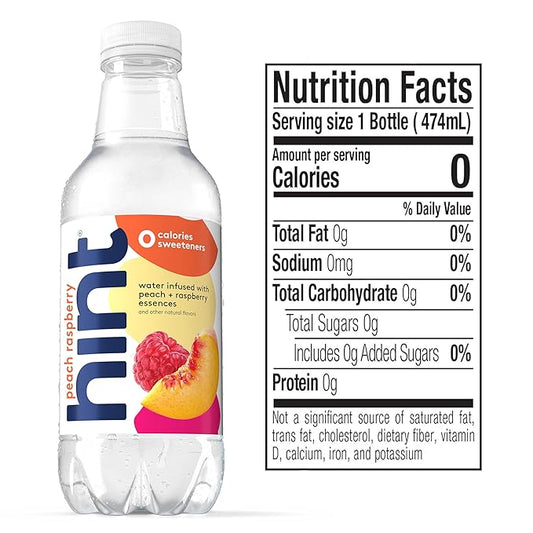 Hint Fruit-Infused Bottled Water, Peach Raspberry - Sugar Free Flavored Water with Zero Calories, Naturally Flavored, and No Artificial Sweeteners - 16 Fl Oz (Pack of 12)