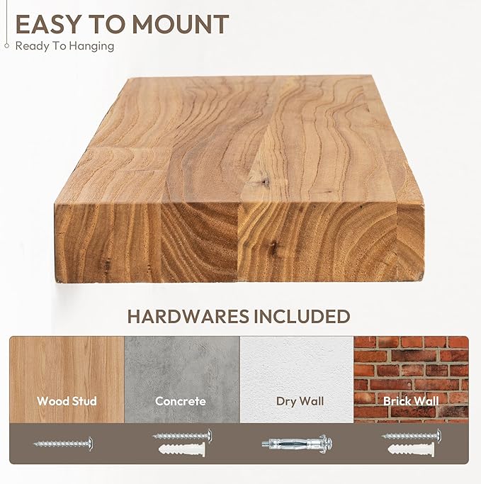 Marsmiles 30 inch Floating Shelves for Wall Solid Elm Wood Shelves|Rustic Wall Shelves with Invisible Heavy-Duty Bracket for Bathroom Living Room Kitchen|Natural, 2 Pack