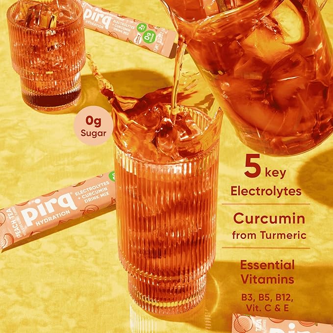Pirq Hydration - Peach Tea - Hydration Powder Packets | Electrolyte Drink Mix | Curcumin | B Vitamins | Zero Sugar | Keto Friendly | 10 Sticks