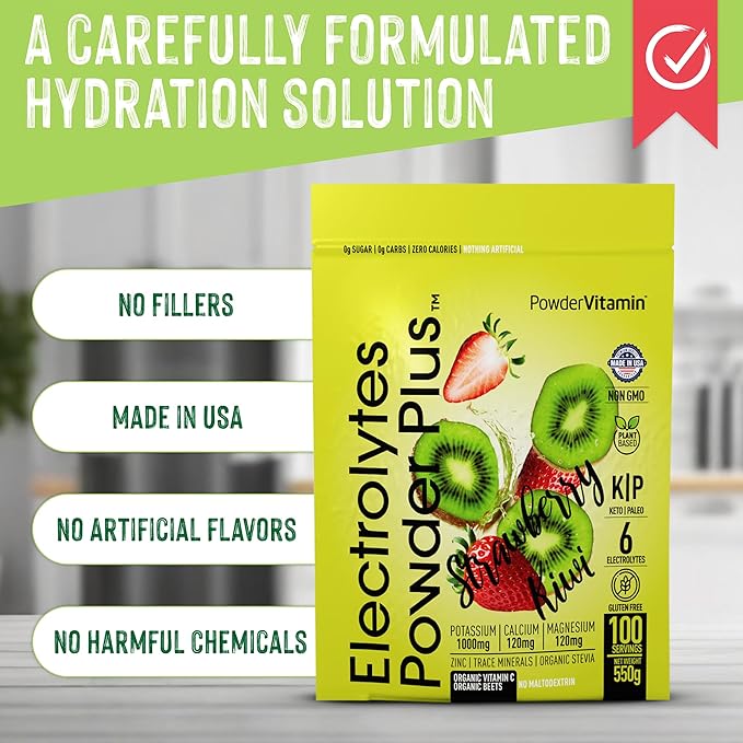 PowderVitamin Electrolytes Powder Plus (100 Servings) Strawberry Kiwi Electrolyte Powder Zero Calorie Keto,0 Sugar, No Maltodextrin,1000mg Potassium,120mg Calcium,120mg Magnesium, Hydration Powder