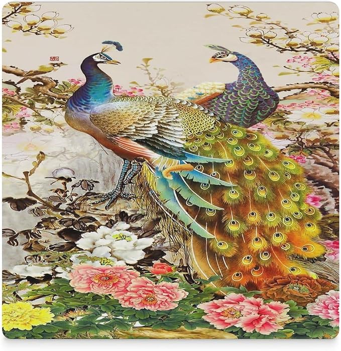 Peacock Drink Coasters, Square Ceramic Drink Coaster Square-6PCS, Vintage Tree Branch Beautiful Plant Floral Gold Peacock Decor Absorbent Ceramic Coasters for Beverage Cup, Bar, Coffee Table