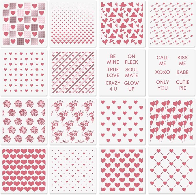 6in Hearts Love Cookie Stencils for Royal Icing, Valentine Stencils for Sugar Cookie, 16 Pcs Assorted Sizes Heart Shapes Conversation Words Rose Stencils for Baking Drawing Dessert Coffee Decoration