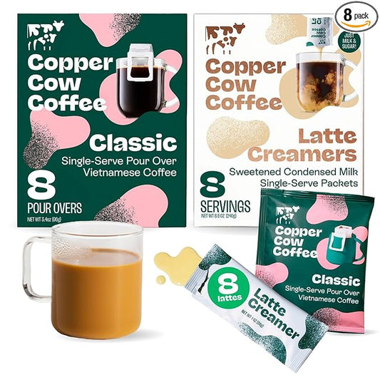 Copper Cow Coffee Pour Over Vietnamese Coffee Pouches + Sweetened Condensed Milk Creamers (8 Coffees & 8 Milk Creamers) | Classic Black Lattes, No Refrigeration Needed, Travel Friendly Ground Coffee