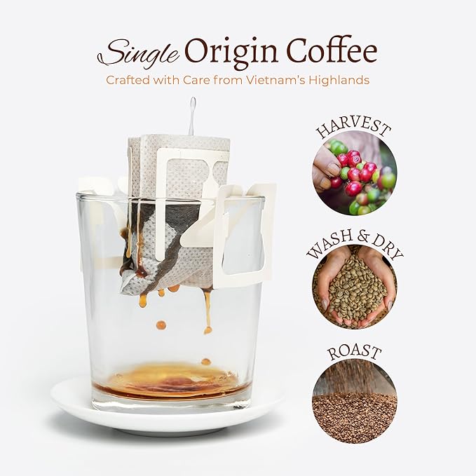 Blu Ore Premium Vietnamese Coffee - Medium Roast - Single Serve Pour Over (16 Pack) - 100% Arabica Drip Bag Coffee, Eco-Friendly Filter, Travel Friendly, No Preservatives
