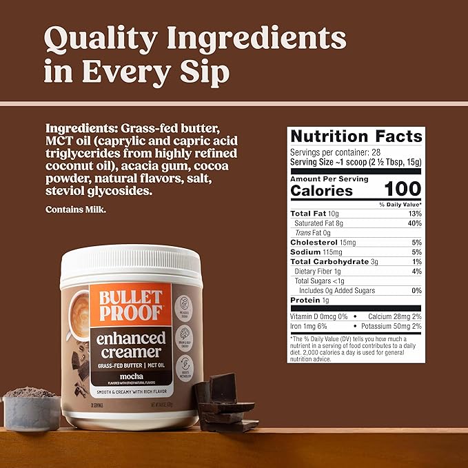 Bulletproof Mocha Creamer, 14.8 Ounces, Keto Coffee Creamer with MCT Oil, Grass-Fed Butter, and Real Cocoa, Supports Brain Function, Packaging May Vary