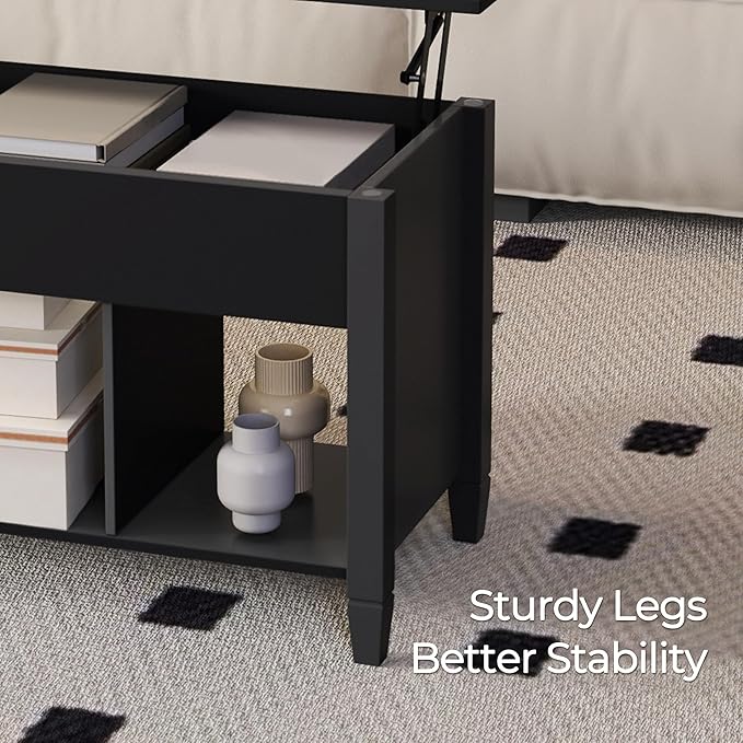 Yaheetech Coffee Table, Lift Top Coffee Table w/Hidden Storage Compartment & Lower 3 Cube Open Shelves, Lift Tabletop Center Tables for Living Room/Reception Room/Office, Black