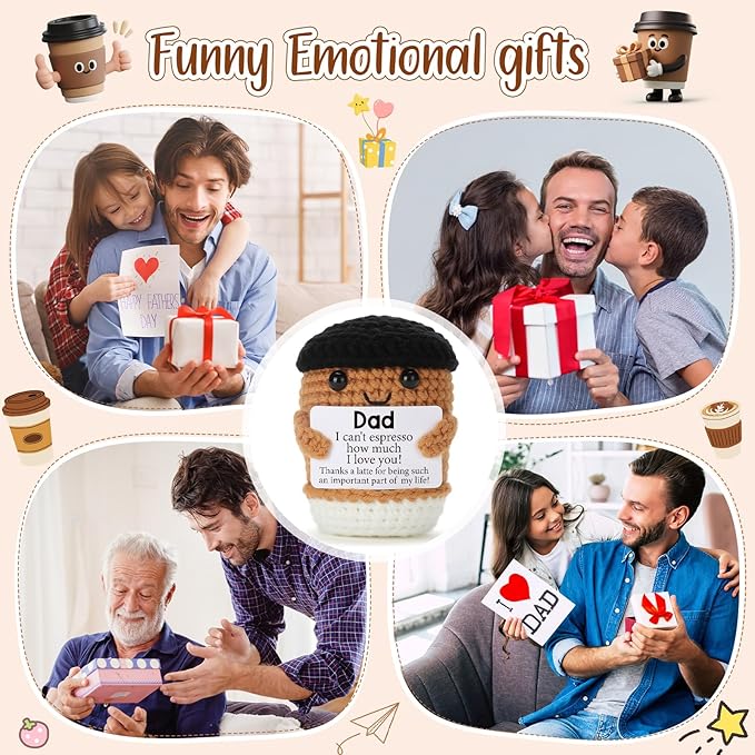 Mini Funny Coffee Dad Gifts from Daughter Son Wife, Handmade Crochet Fathers Day Birthday Gift for Daddy Bonus Step New First Time Dad Husband, Office Desk Decor Handmade Emotional Coffee