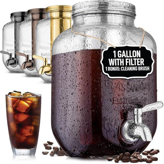 Zulay 1 Gallon/128oz Cold Brew Coffee Maker – Thick Glass Pitcher with Stainless Steel Filter, Lid & Spout – Large Mason Jar Container Dispenser - Iced Coffee & Sun Tea Brewer for Fridge – Silver