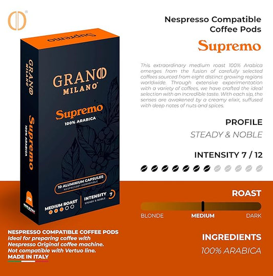 New Grano Milano Supremo Coffee Capsules - 50 Aluminum Coffee Pods Compatible with Nespresso Original line, 100% Arabica Medium Roast - Intensity 7/12, Made in Italy