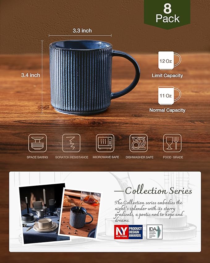 famiware Coffee Mug Set for 8, Star 12 oz Catering Mugs Cup Set with Handle for Coffee, Tea, Cocoa, Milk - Ceramic Stoneware Drinkware Set, Nebulas Blue