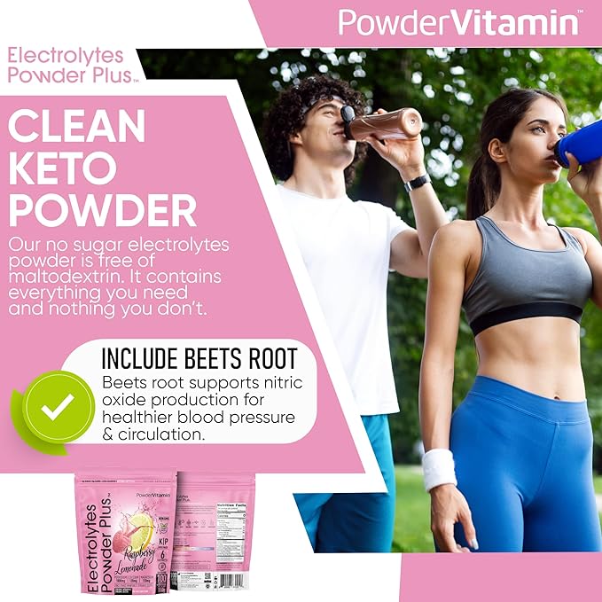 PowderVitamin Electrolytes Powder Plus (100 Servings) Raspberry Lemonade Electrolyte Powder, Zero Calorie, Keto, Zero Sugar, No Maltodextrin, 1000mg Potassium,120mg Calcium,120mg Magnesium, Hydration