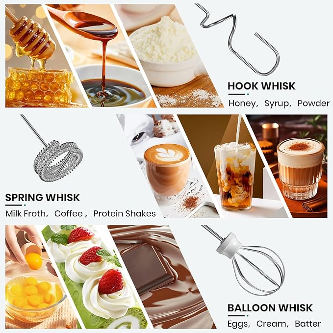 Milk Frother Handheld Rechargeable with Stand, Frother Wand Drink Mixer Electric Whisk for Coffee, Detachable With 3 Stainless Whisks, Hand Mixer for Lattes, Cappuccino, Matcha, Egg, Beige