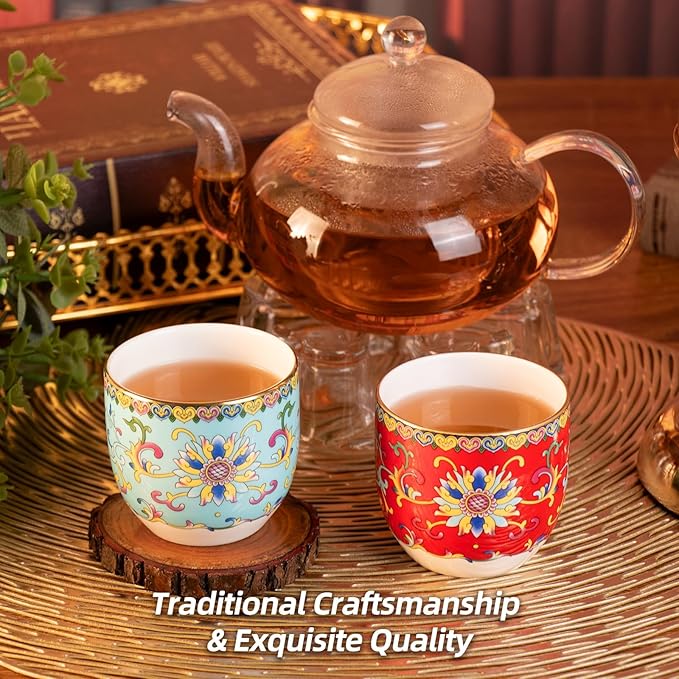 KAMMAK Tea Cups Set of 2, 6.35oz Mini Ceramic & Porcelain Tea Mugs -Handleless Vintage, Non-Toxic Handcrafted Cups for Juice, Coffee, Gift(Red + Lake Blue)